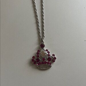 3 for $12 Y2K Silver Crown Pendant Necklace with Pink Gemstones